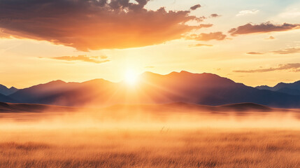 Fototapeta premium Majestic gold sunrise over misty mountain landscape at dawn