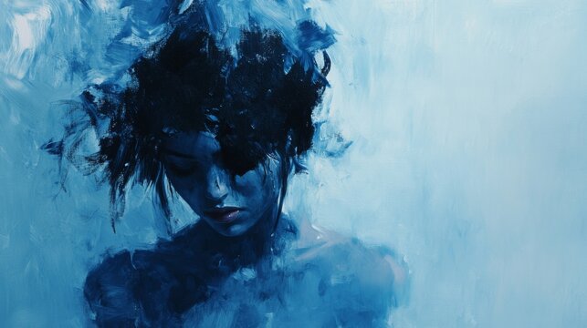 Blue watercolor abstract portrait of pensive figure