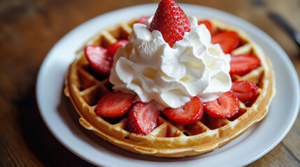 Fancy belgian waffle with whipped cream and deep red sliced strawberries