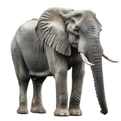 Fototapeta premium A massive African elephant standing tall with its trunk slightly curled, deep wrinkles and textured gray skin visible, majestic tusks shining, ultra-HD realism, isolated on a transparent background.