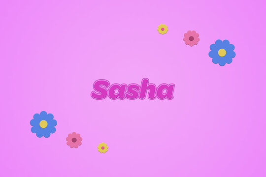 Sasha female girl name illustration in pink with blossoms, flowers