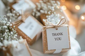Thoughtful wedding favors featuring natural kraft boxes adorned with white thank you cards and jute string bows, complemented by airy baby's breath flowers and soft ambient lighting.