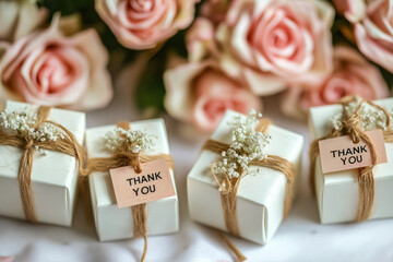 Small white favor boxes with simple twine bows and pink thank you tags sit against a backdrop of delicate blush roses for a rustic-chic celebration.