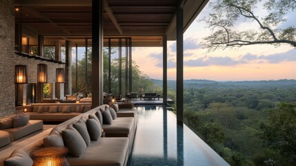 Modern resort outdoor lounge with infinity views, plush seating, and ambient lantern lighting.
