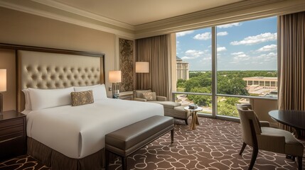 Opulent suite with floor-to-ceiling windows, premium furniture, and ambient lighting.