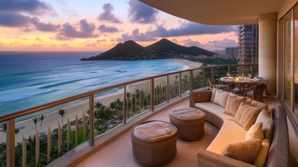 Fototapeta premium Resort hotel balcony with an oceanfront view, a cozy seating arrangement, and a warm sunrise glow.