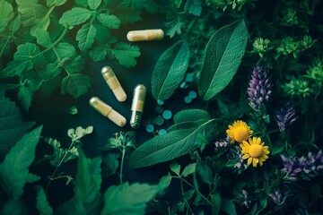 Brightly colored leaves and flowers surround several capsules on a wooden surface. The composition highlights the natural elements and herbal ingredients, creating an organic feel