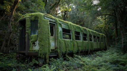 Naklejka premium Train car in the grass, overgrown vegetation, image of thickets, nature photography, game-like atmosphere, post-apocalypse.