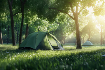 Camping green tent by a peaceful sunny forest. Perfect escape for adventure, hiking, and exploring nature’s beauty.