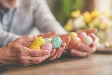 Elderly hands hold colorful painted Easter eggs at a wooden table, with spring flowers softly blurred in the background. This image captures the joy, tradition, and togetherness of Easter celebrations