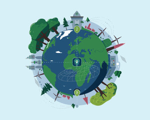 Naklejka premium illustration poster design green Earth with trees, windmills, and a focus on sustainability and Eco-friendly travel using GPS technology. 