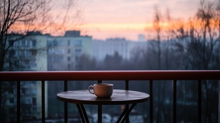 Skyline view from a hotel balcony at sunrise, with a small table and coffee cup in the foreground.