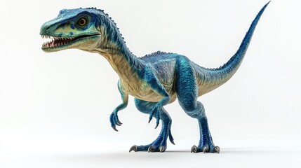 Striking blue velociraptor rendered against a clean white backdrop. Sharp teeth and a long tail add to this dynamic, prehistoric scene