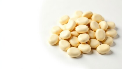 Fototapeta premium Pile of white beans against pure white backdrop, food photography, protein, top view