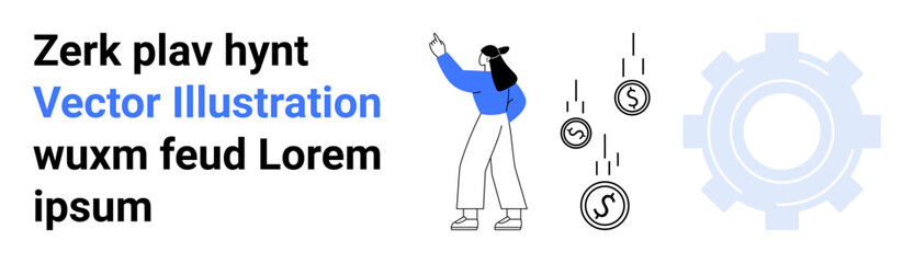 Woman gesturing towards text, coins illustrating financial gain, large gear symbol implying system or technology. Ideal for finance, technology, teamwork, planning, innovation, strategy simple