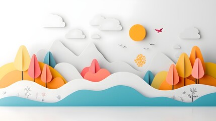 Colorful paper cut landscape depicting a serene lake surrounded by layered forest covered hills and mountains against a cloudy sky with a sun and flying birds