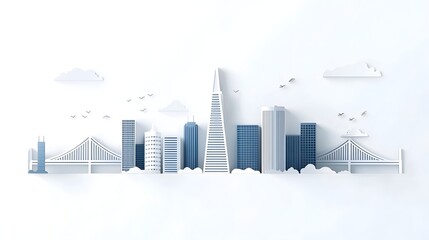 Fototapeta premium A striking futuristic city skyline with tall geometric skyscrapers and interconnected sky bridges all rendered in a stylized layered paper cut aesthetic