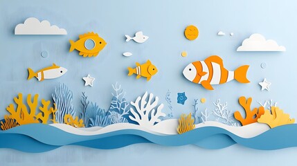 Vibrant paper cut scene depicting an underwater ocean landscape with a coral reef and colorful tropical fish swimming through the layers