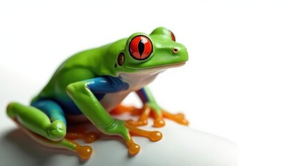 Obraz premium Single vibrant red-eyed tree frog on pure white, tropical, closeup