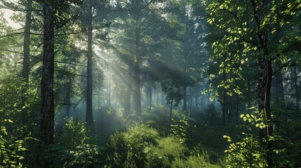 Fototapeta premium A peaceful, misty morning in a dense forest, with rays of sunlight filtering through the trees