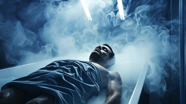 This person in suspended animation amid fog symbolizes future biotech possibilities.