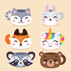 Fototapeta premium Animal-shaped cups. A set of cute different cups. Vector illustration in flat style.