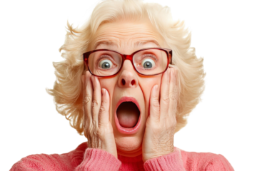 Expressive elderly woman in pink sweater looks shocked, wide-eyed and mouth open, holding her cheeks, showcasing strong emotional reaction and surprise