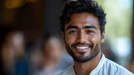 Fototapeta premium Digital portrait of a smiling businessman in an office, exuding confidence and ambition, focused on management and online projects,