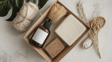 Natural cleaning supplies and eco-friendly accessories in a decorative box on a light background