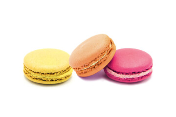 Sweet colorful varied assortment macarons cookies with filling isolated on a white background. Handmade traditional sweets. Clipping Path.