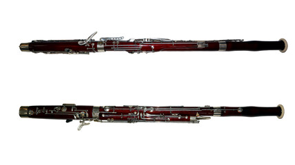 Stunning representation of a bassoon, highlighting its intricate keys and polished wooden body.