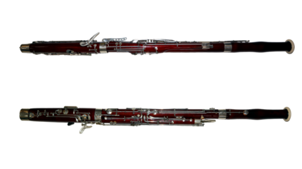 Stunning representation of a bassoon, highlighting its intricate keys and polished wooden body.