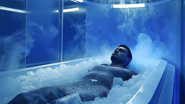 This human lies in a sleek, icy chamber showcasing advanced cryogenic preservation tech.