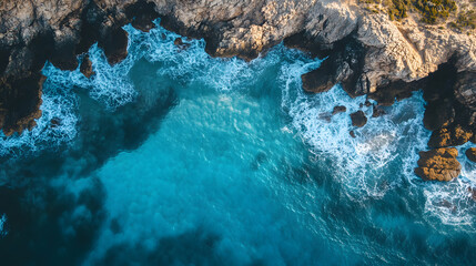 Top-Down Drone View of Rugged Coastal Shoreline with Turquoise Water and Textured Rock Formations