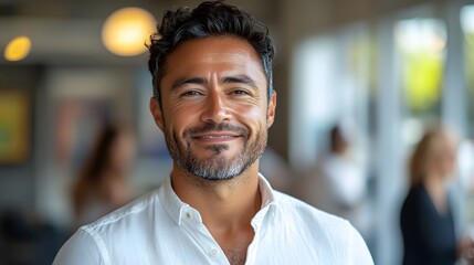Obraz premium Digital portrait of a smiling businessman in an office, exuding confidence and ambition, focused on management and online projects,