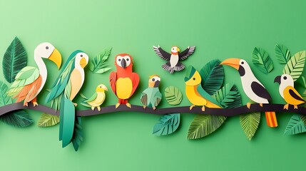 Fototapeta premium A colorful and imaginative paper cut collage featuring a variety of tropical birds including toucans parrots and amongst lush vibrant foliage in a stylized jungle setting