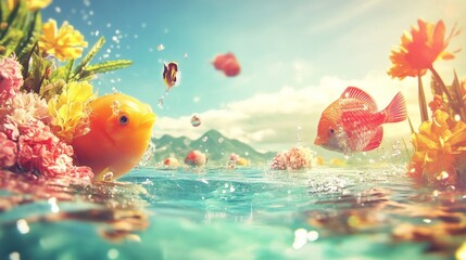 Goldfish jumping in colorful ocean with flowers and bubbles