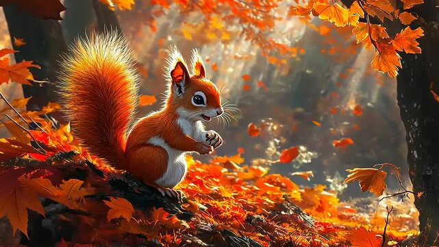 Adorable Squirrel in Autumn Forest Surrounded by Colorful Leaves