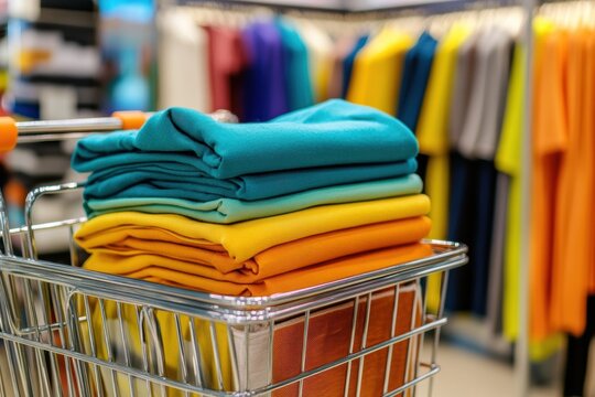 Shopping cart filled with colorful folded clothing items in a stylish fashion store interior during the day