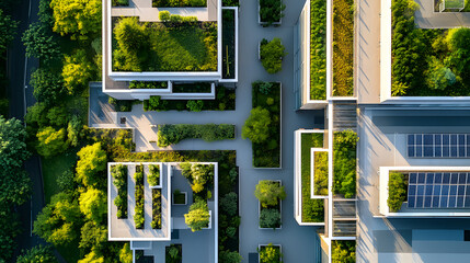 Aerial Drone View of City Rooftops with Green Spaces, Solar Panels, and Sustainable Urban Design