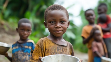 African children holding bowls, looking at camera, in a rural setting.