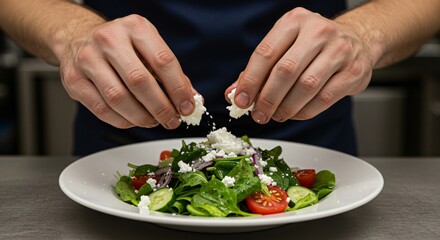 Hands crumbling feta cheese over a fresh salad with spinach tomatoes and cucumbers on a white plate