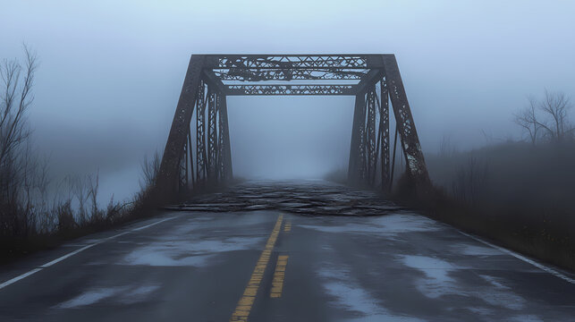 Fog shrouds a crumbling bridge and decaying road. a distant river's echo whispers through the mist. nature reclaims the cracked asphalt. a desolate, haunting scene. Crumbling Echoes. Illustration