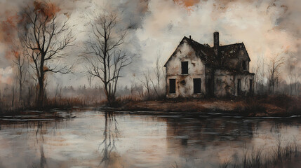 The abandoned house by the murky lake stood eerily still, its crumbling walls creaking in the wind as ghostly whispers seemed to echo from the water's depths. Crumbling Echoes. Illustration