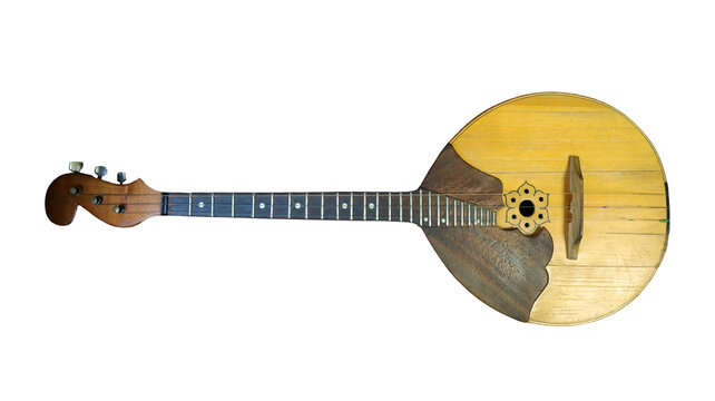 Domra features a rounded body and a slender neck, showcasing traditional design. Its strings are poised for performance, emphasizing cultural heritage