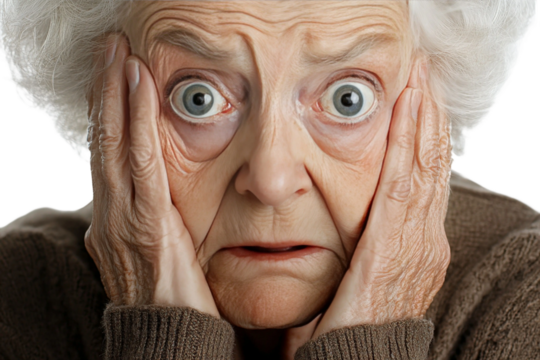Elderly Woman Showing Fear and Anxiety with Wide Eyes and Furrowed Brow, Gripping Her Face with Awkward Expression in a Close-Up Portrait