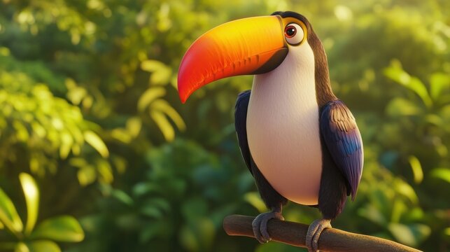 Vibrant Toucan Perched on a Branch in Lush Jungle Setting Featuring Detailed Feathers and Brig