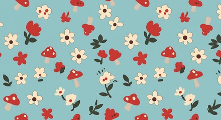 Whimsical Floral And Mushroom Pattern Soft Pastel Hues AI Generated