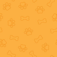 Pet paw footprint seamless pattern. Dog paw print and bone on orange background. It can be used for wallpapers, wrapping, cards, patterns for clothes and other.