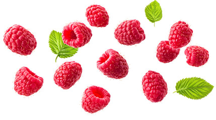 Fresh Ripe Juicy Raspberries with Leaves in Flight Isolated on White Background